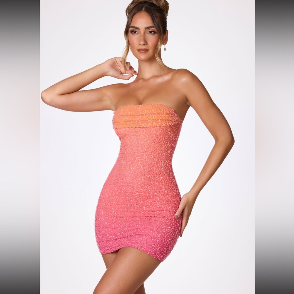 Oh Polly Basel Embellished Strapless Mini Dress in Pink and Orange Ombré